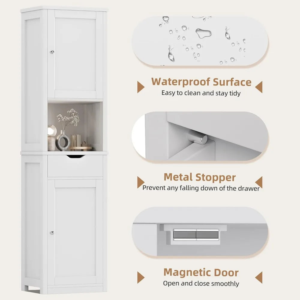 Tall Slim Corner Bathroom Storage Cabinet With Doors and Drawer