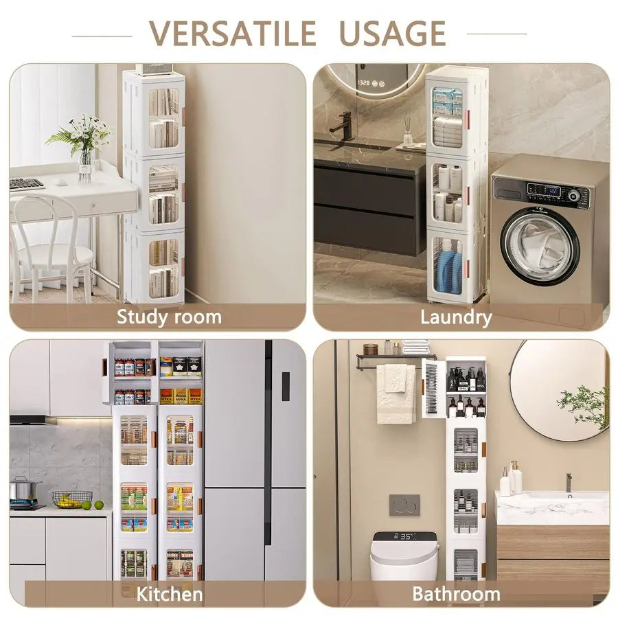 Four-Tier Tall Narrow Storage Cabinet With Wheels And Adjustable Shelves