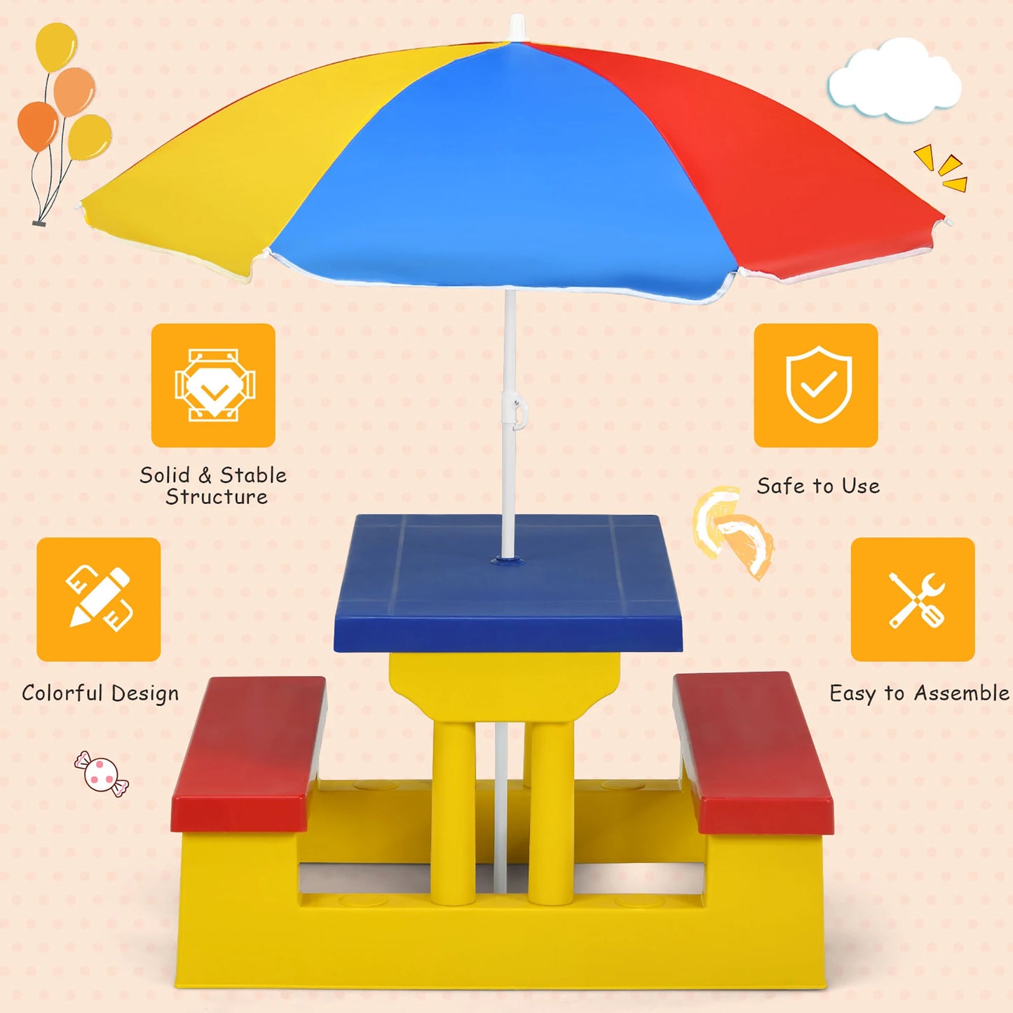 HOMASIS Kids Picnic Table Set With Removable Umbrella Indoor Outdoor