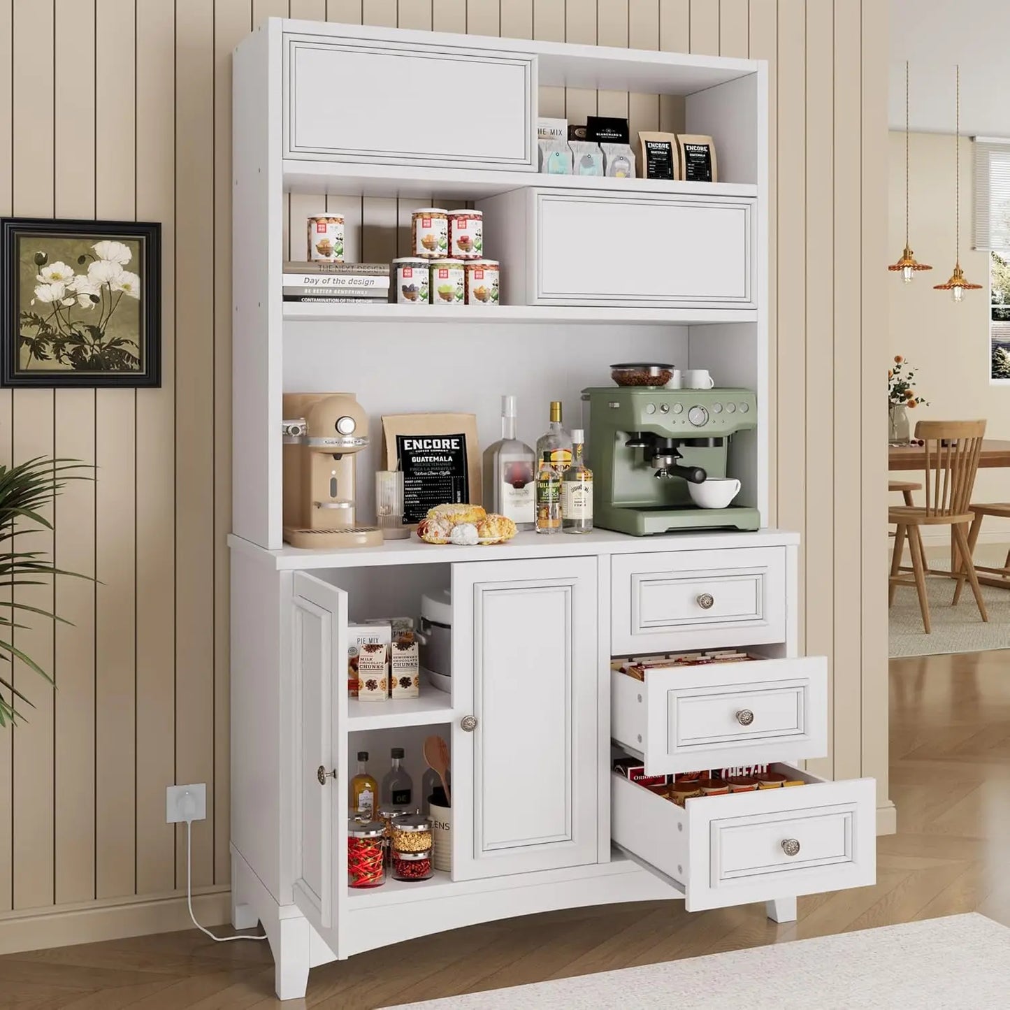 Kitchen Pantry Cabinet With Microwave Shelf And Charging Station