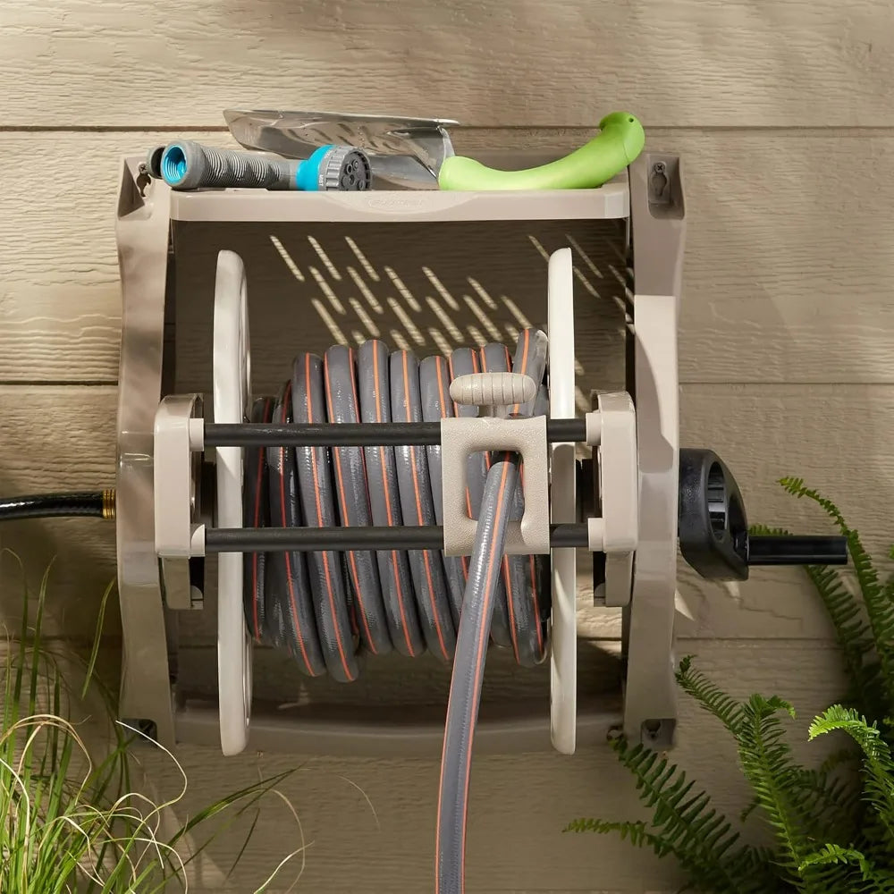 Wall Mounted Hose Reel And Accessory Tray Organizer