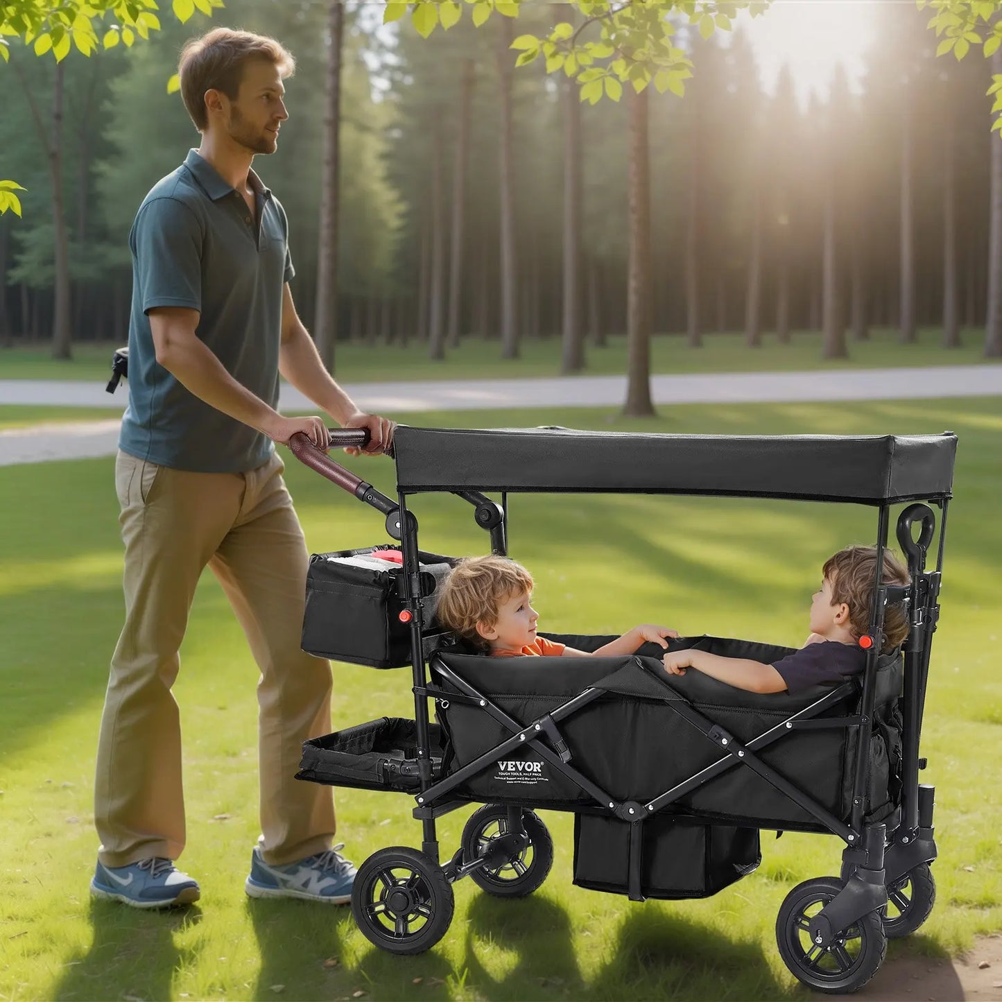 Quad Wagon Stroller For Two Kids, Collapsible With Adjustable Handle