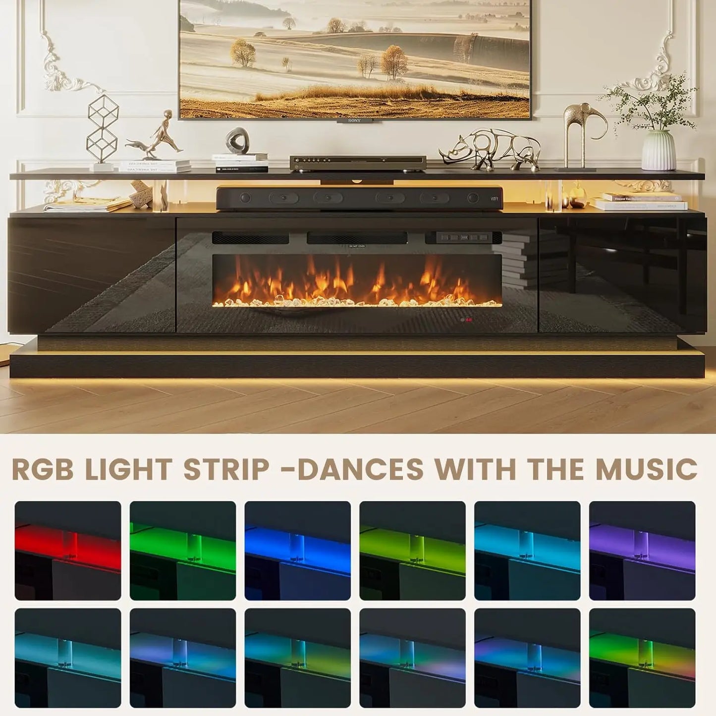 Modern Fireplace TV Stand With Glass Doors And Storage