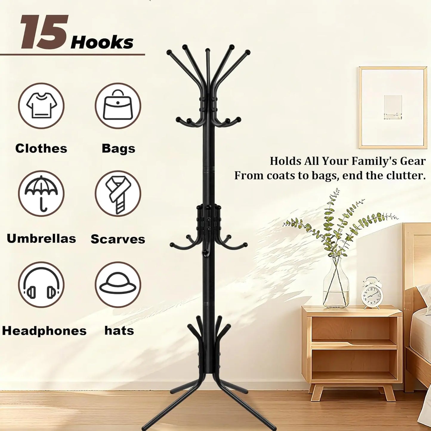 Freestanding Coat Rack With 15 Hooks Metal Hall Tree For Entryway