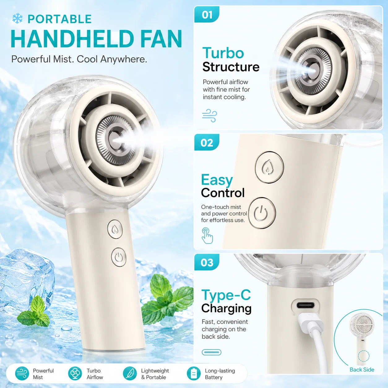 Portable Handheld Misting Fan 6000mAh Rechargeable Battery, Travel Fan