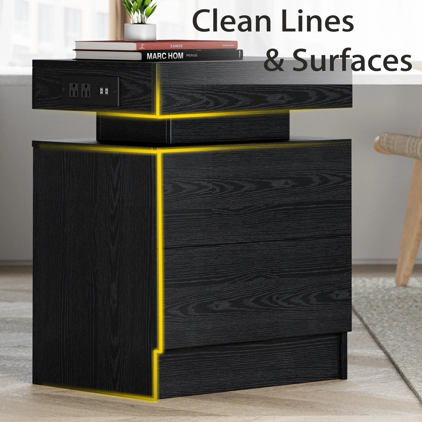 LIKIMIO Modern Night Stand With Charging Station And LED Light