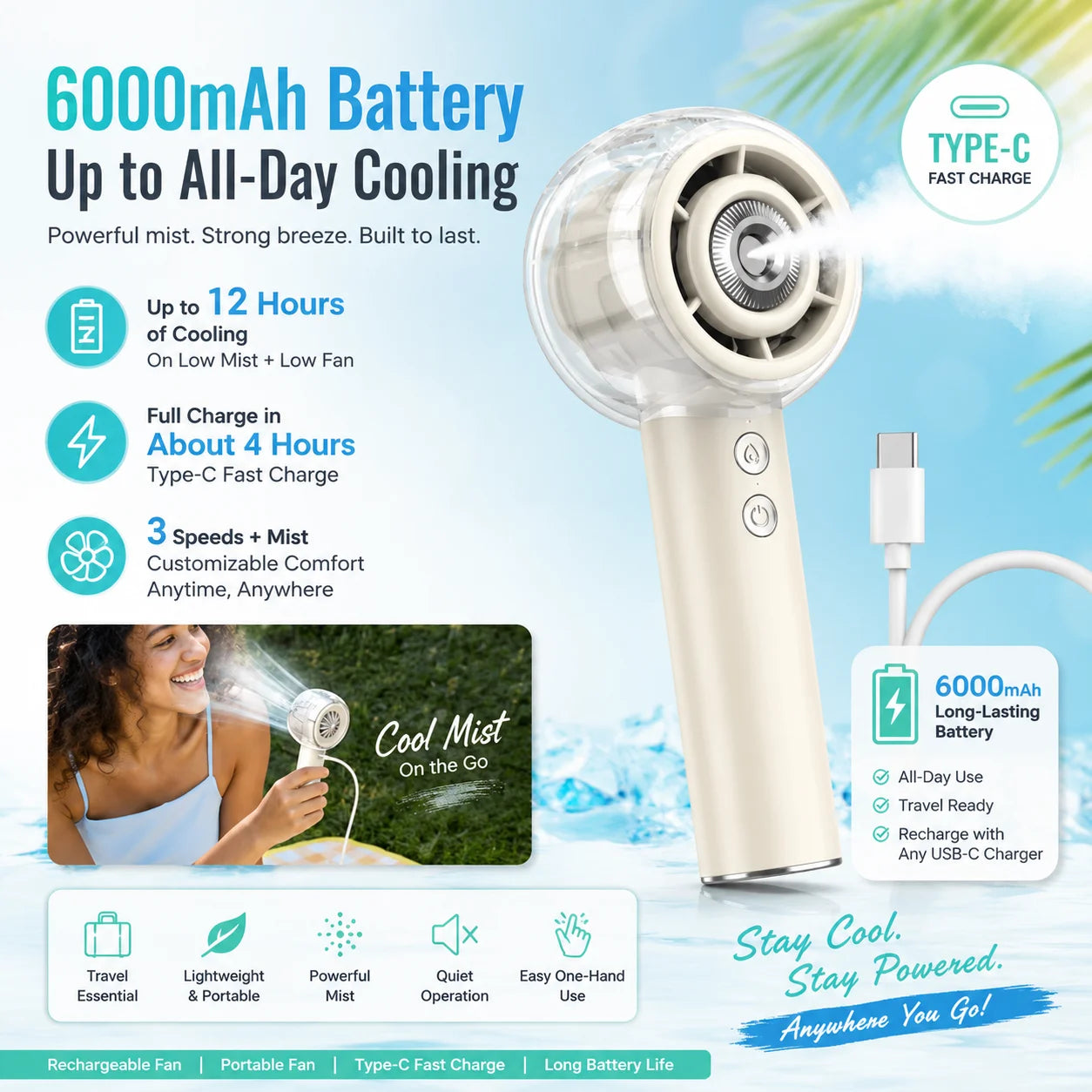 Portable Handheld Misting Fan 6000mAh Rechargeable Battery, Travel Fan