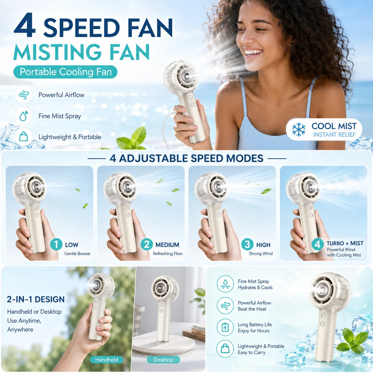 Portable Handheld Misting Fan 6000mAh Rechargeable Battery, Travel Fan