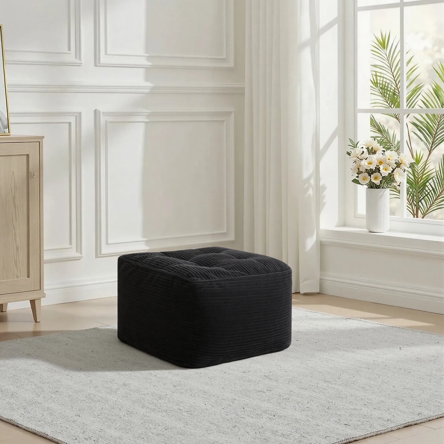 Corduroy Square Ottoman Footstool Tufted Upholstered For Living Room