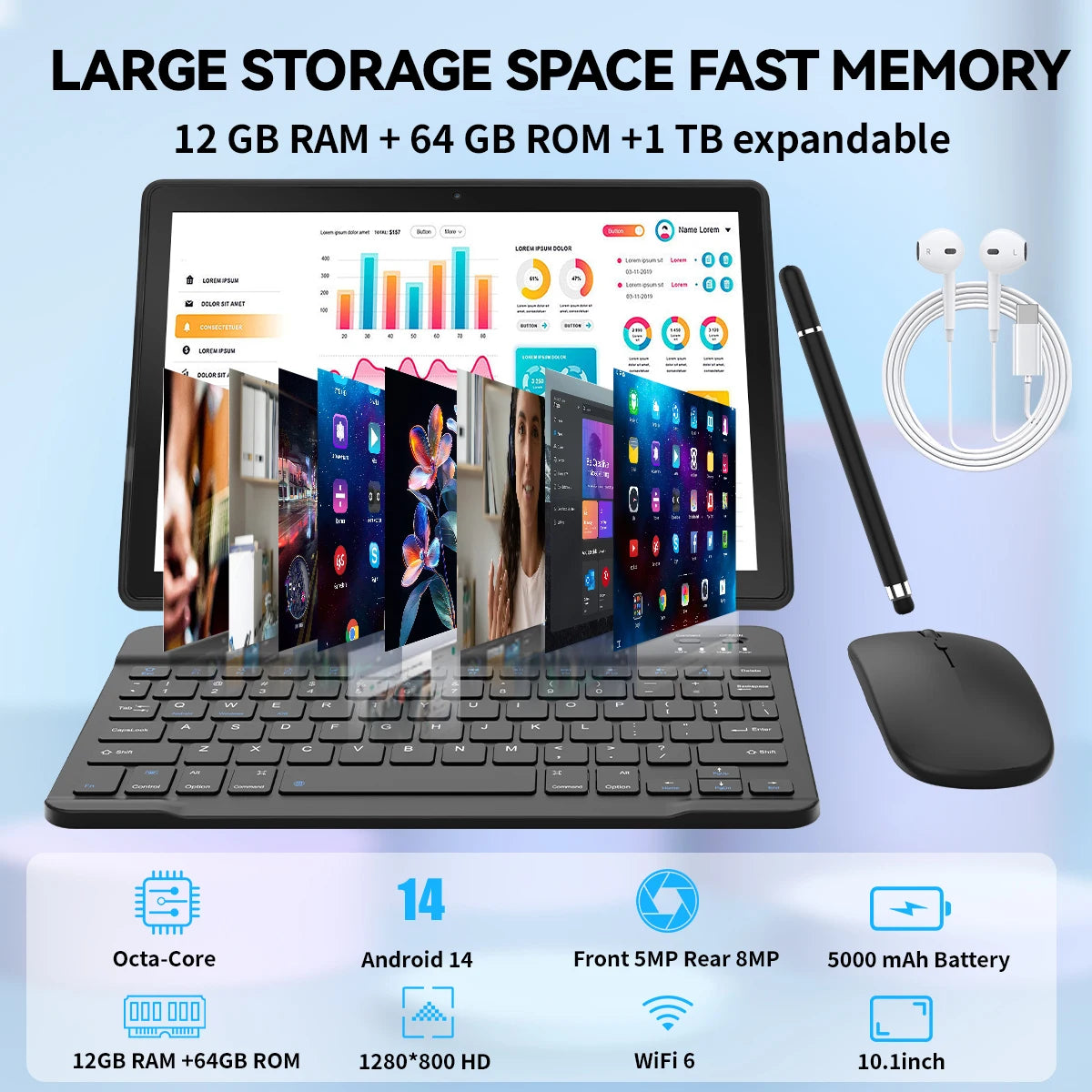 AEEZO-US Android 14 Tablet With 12GB RAM 64GB ROM Face Unlock IPS HD
