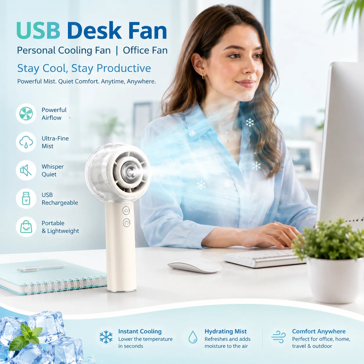 Portable Handheld Misting Fan 6000mAh Rechargeable Battery, Travel Fan