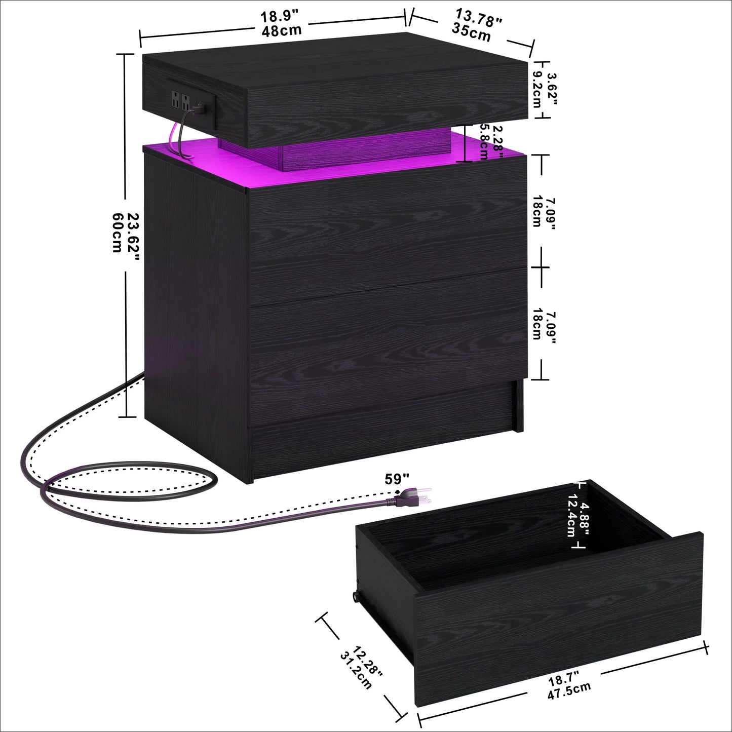 LIKIMIO Modern Night Stand With Charging Station And LED Light