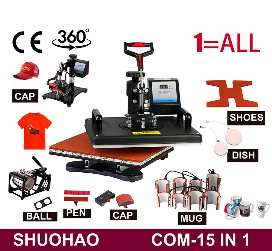 SHUOHAO 15in1 Heat Press Machine for Mug Cap Tshirt Pen