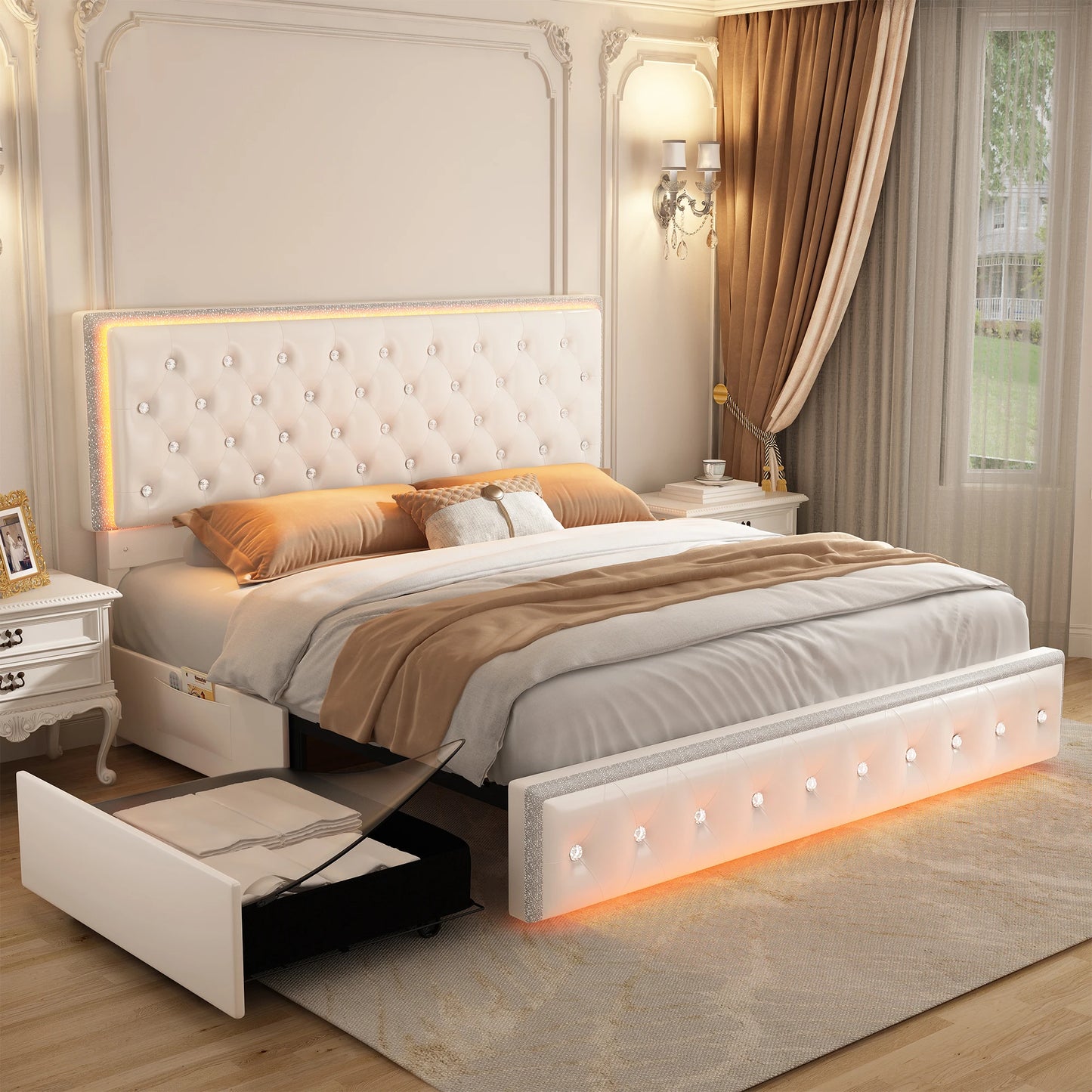 Queen LED PU Bed Frame With Storage Drawers And Pockets