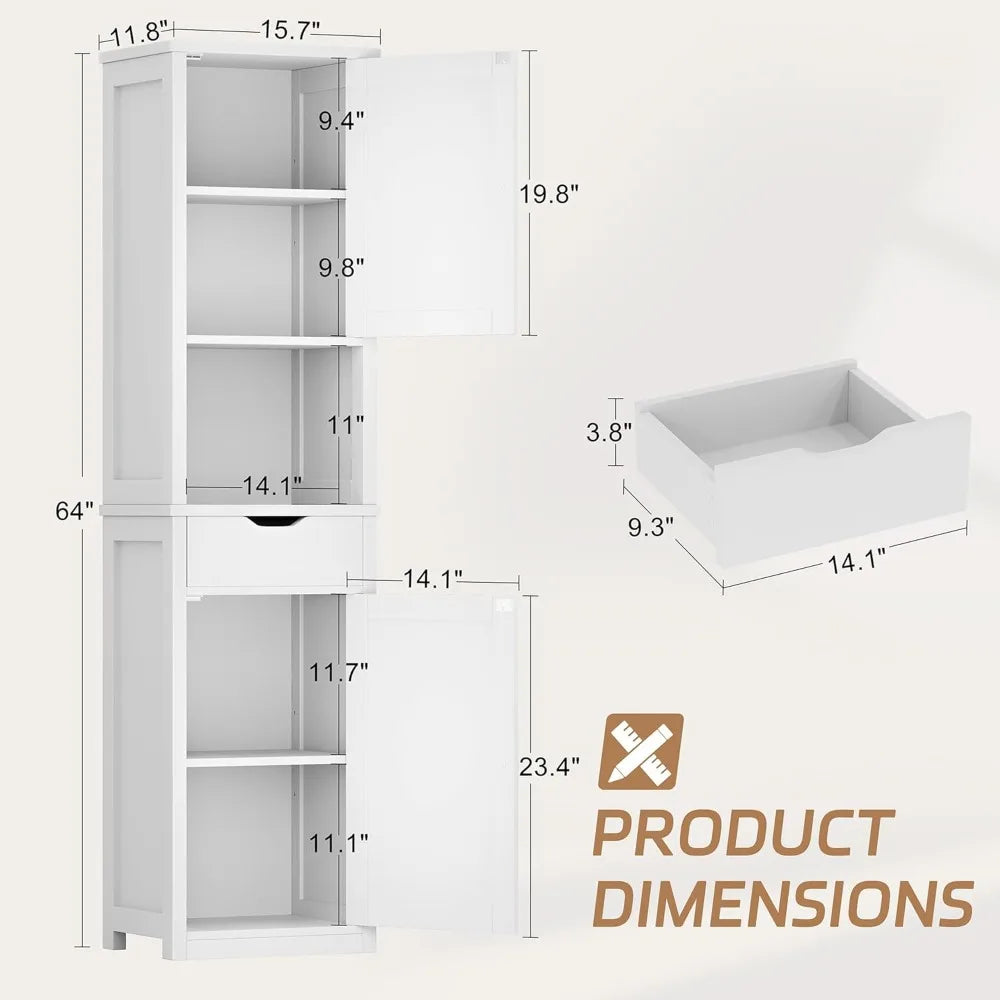 Tall Slim Corner Bathroom Storage Cabinet With Doors and Drawer