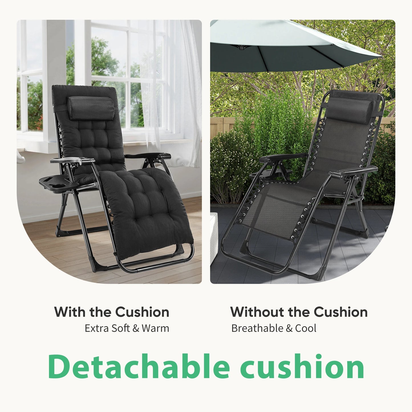 JHK Zero Gravity Recliner Outdoor Folding Lounge Chair With Cup Holder Trays