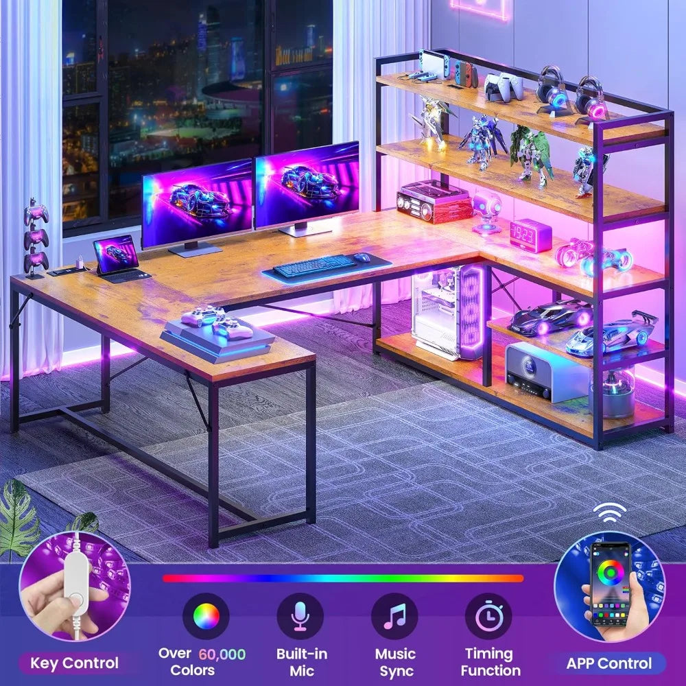 L Shaped Desk With Storage Shelves And Power Outlet