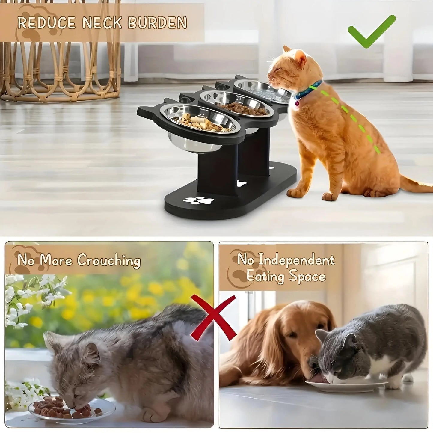 Elevated Cat Feeding Bowl With 15 Degree Tilt Wooden Stand