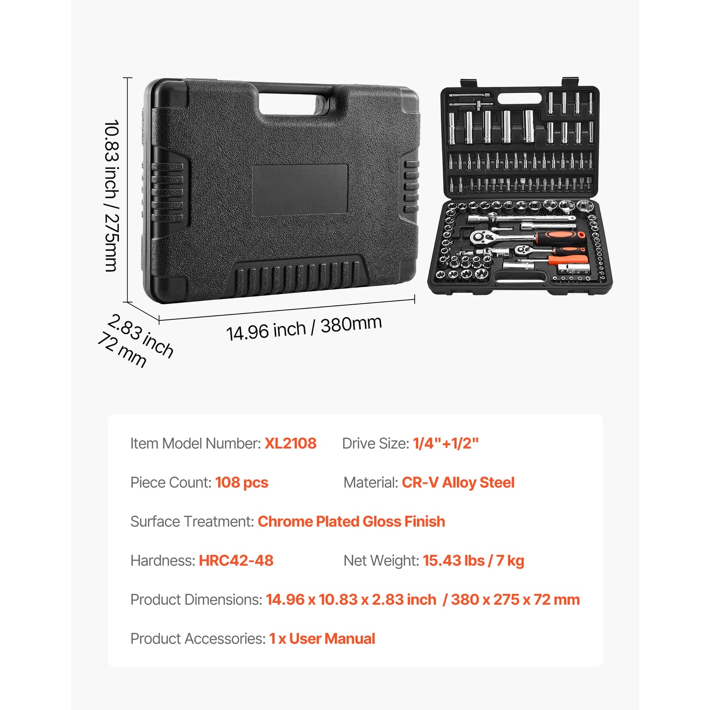 SucceBuy Socket Set 86 Piece 3/8 1/4 1/2 Inch Drive