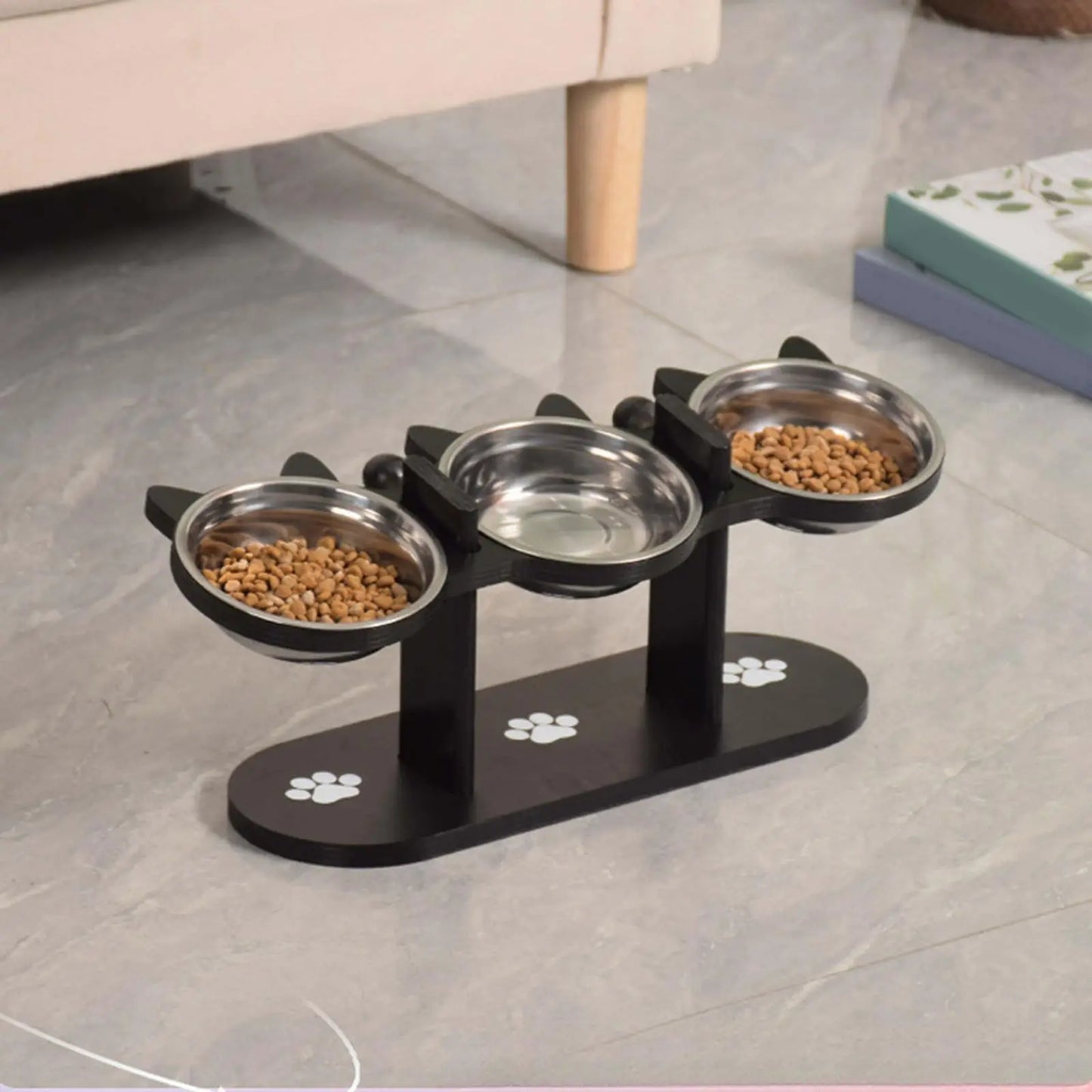Elevated Cat Feeding Bowl With 15 Degree Tilt Wooden Stand