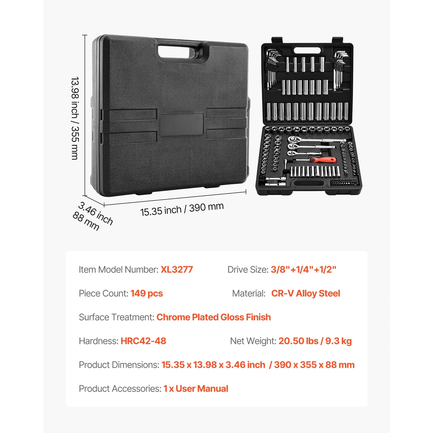 SucceBuy Socket Set 86 Piece 3/8 1/4 1/2 Inch Drive