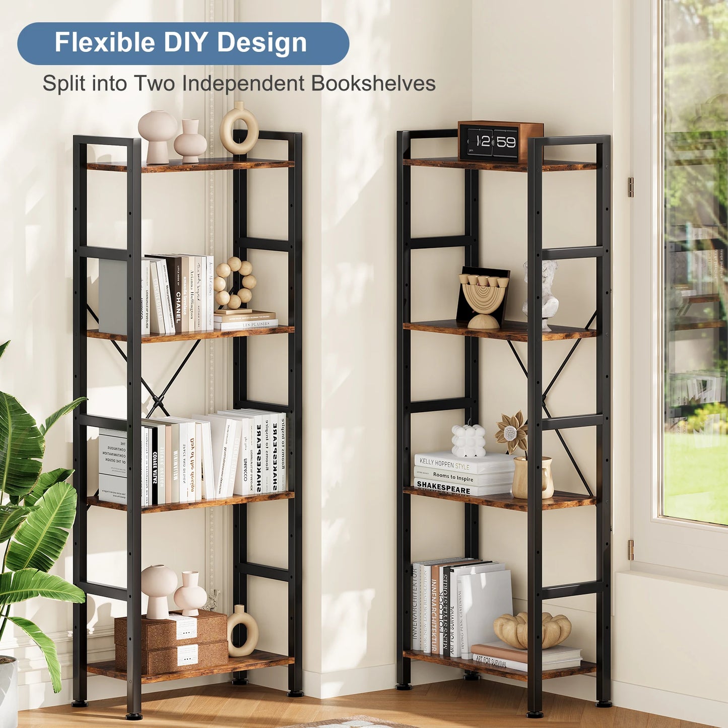 JHK 4 Tier Wide Display Bookshelf With Adjustable Shelves