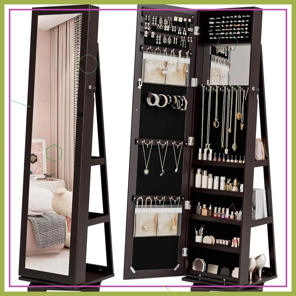 360° Swivel Jewelry Mirror Cabinet With Lockable Armoire