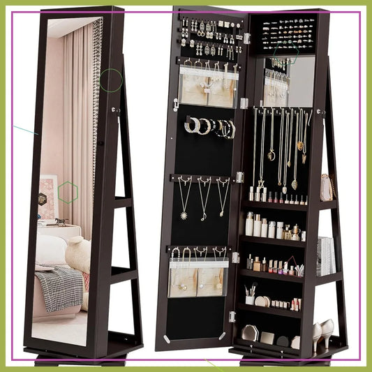 360° Swivel Jewelry Mirror Cabinet With Lockable Armoire