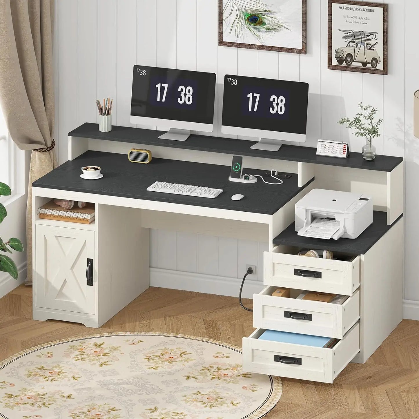 MOYU Farmhouse Computer Desk With Drawers And Printer Stand
