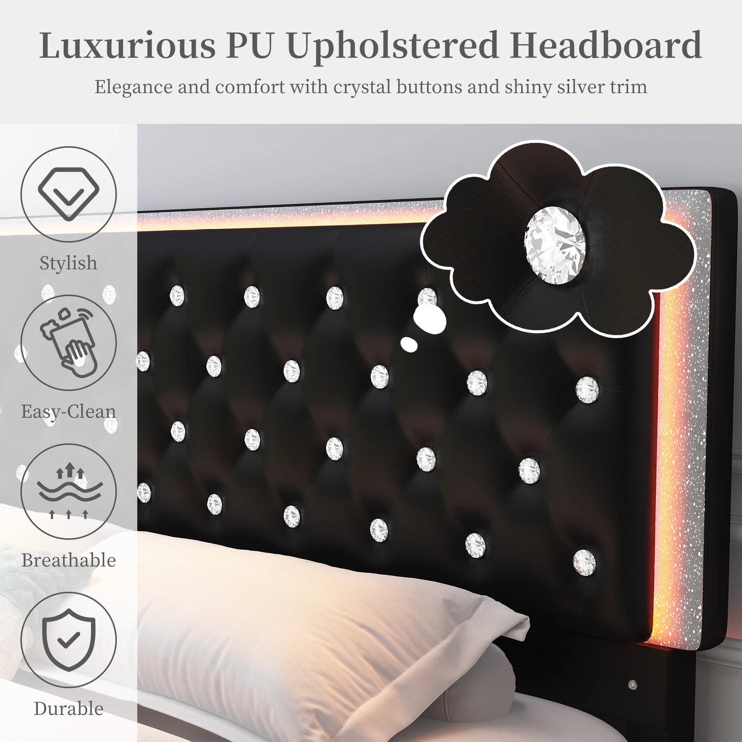 Queen LED PU Bed Frame With Storage Drawers And Pockets