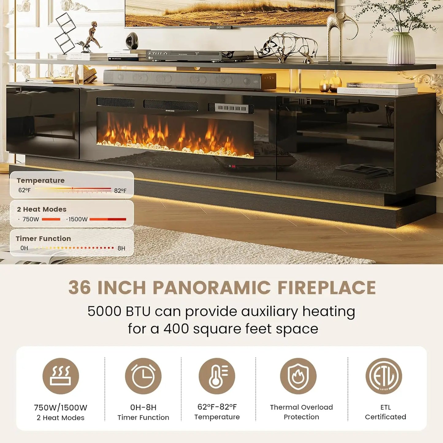 Modern Fireplace TV Stand With Glass Doors And Storage