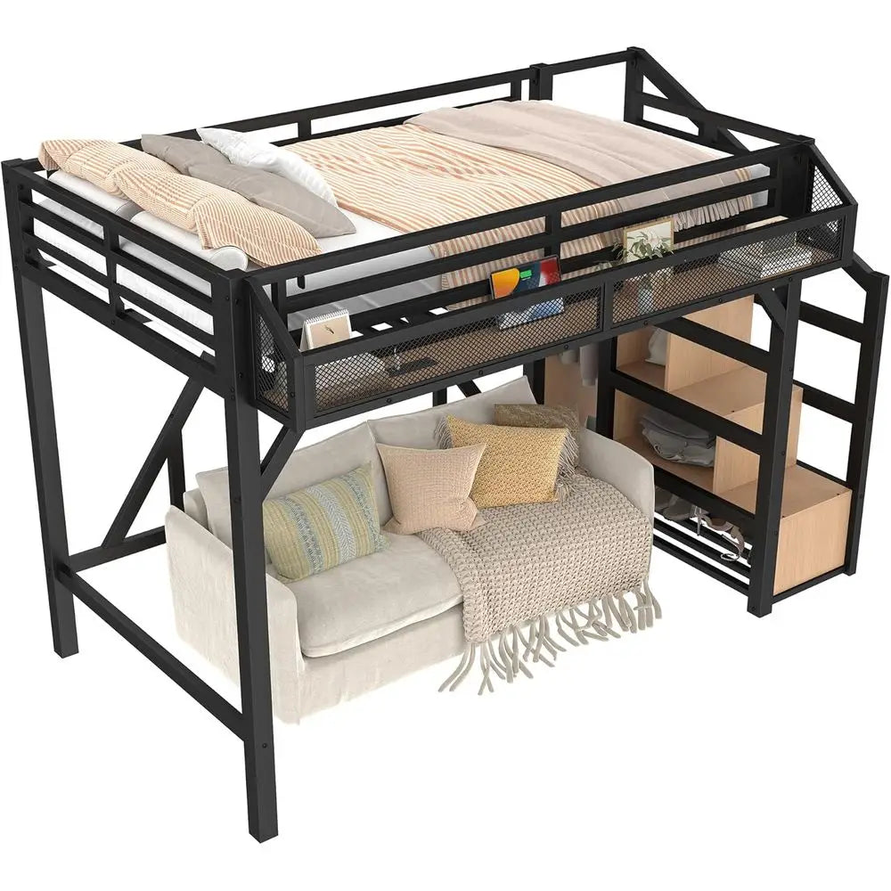 Bed With Storage Steps LED USB Ports Metal Frame Wardrobe