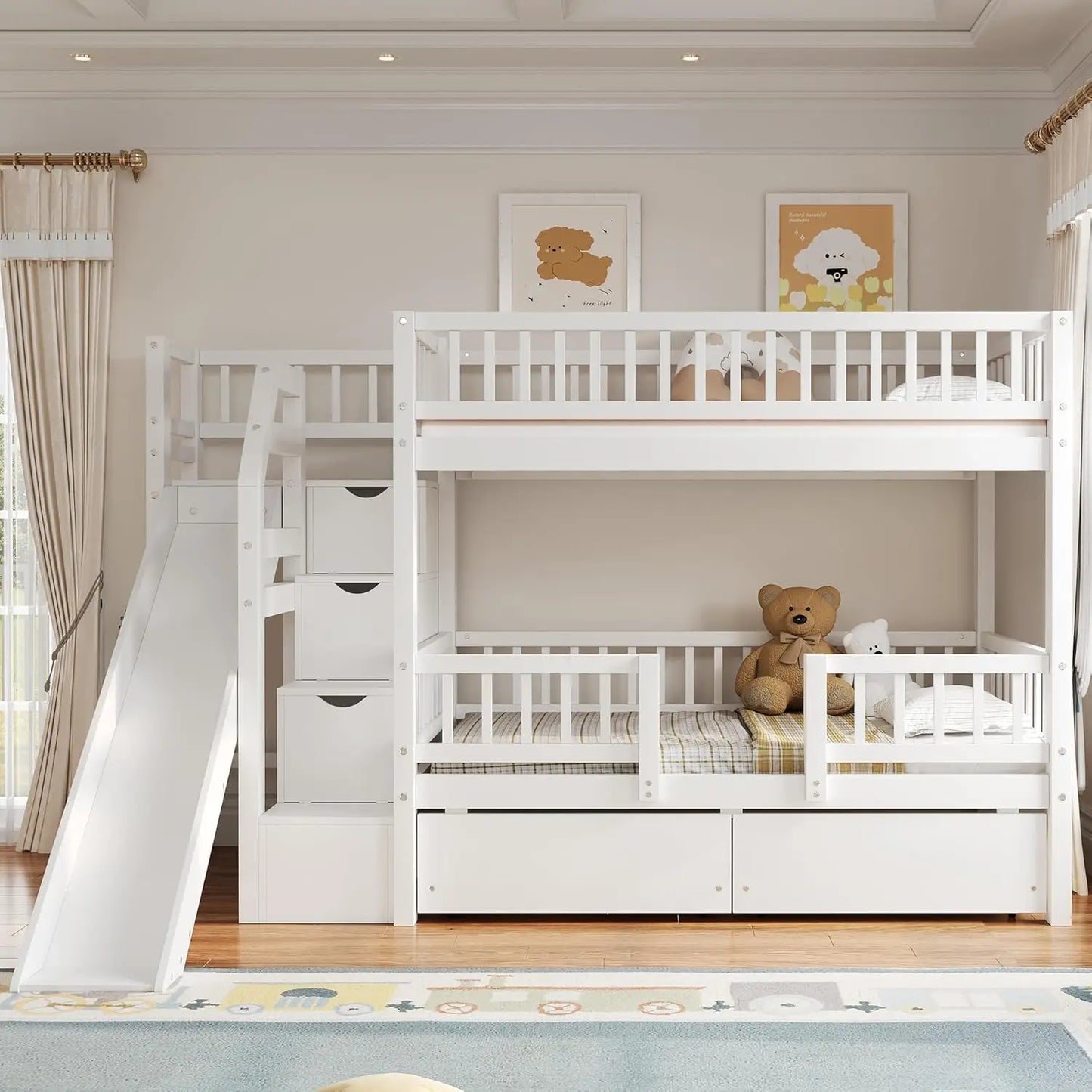 Twin Over Twin Bunk Bed With Slide Staircase And Drawers