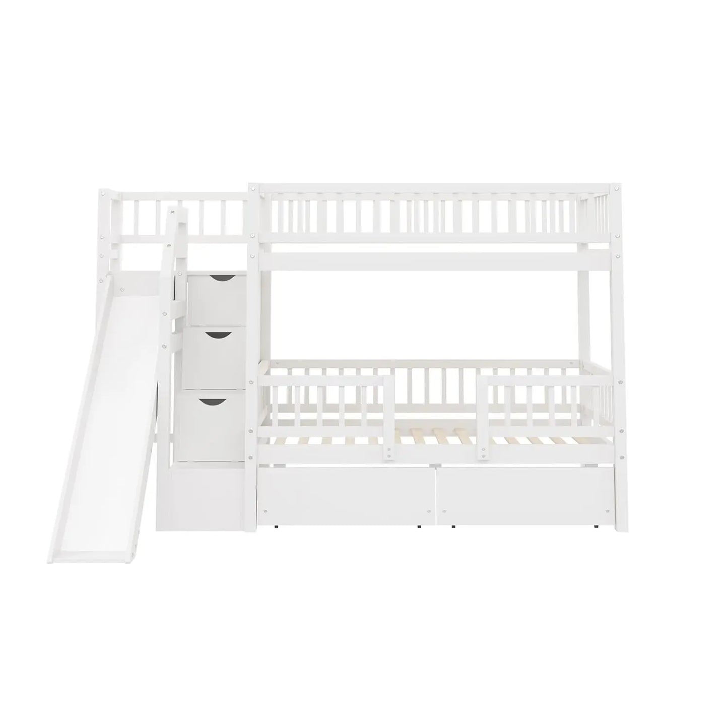 Twin Over Twin Bunk Bed With Slide Staircase And Drawers
