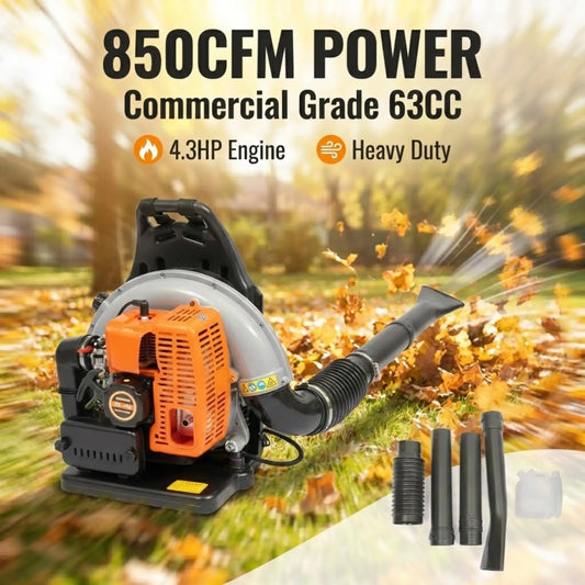 63CC Backpack Gas Leaf Blower 850CFM Commercial Heavy Duty
