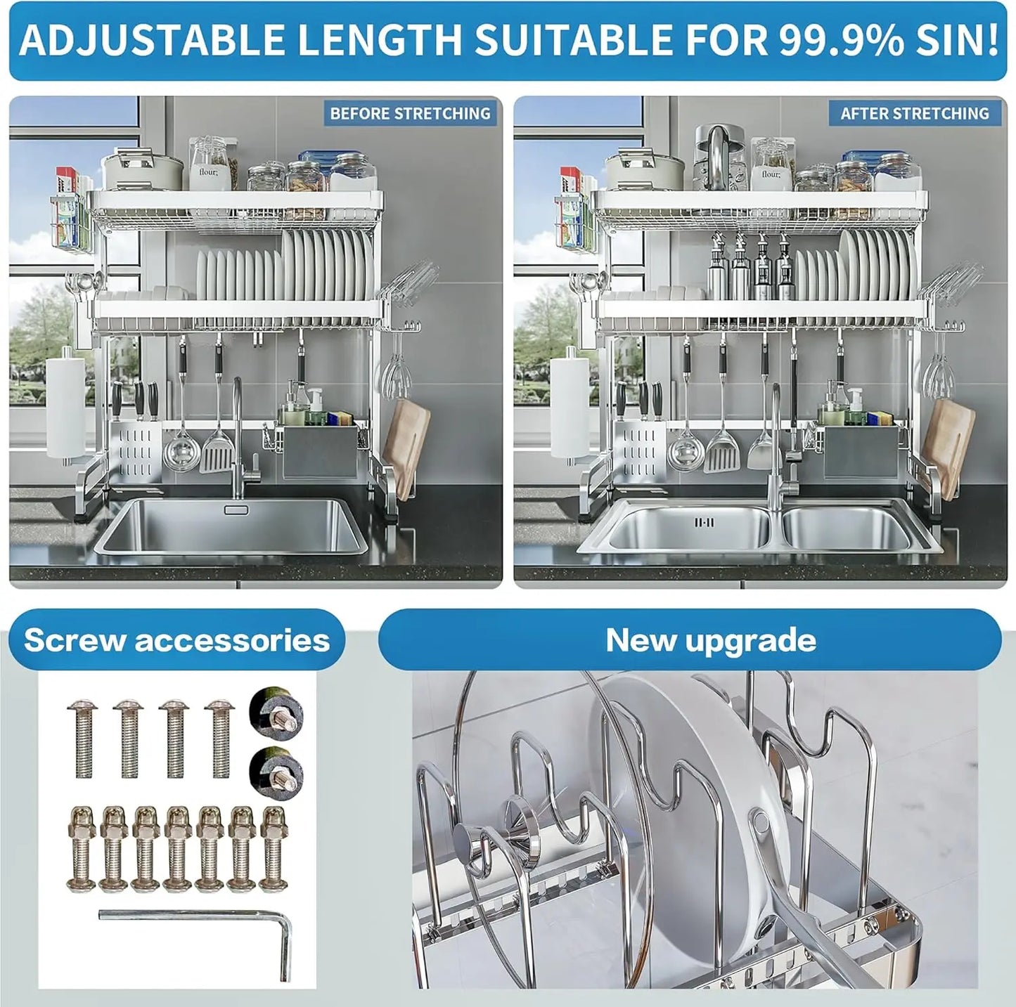 Over-Sink Dish Drying Rack, 3-Tier Adjustable Stainless Steel Organizer