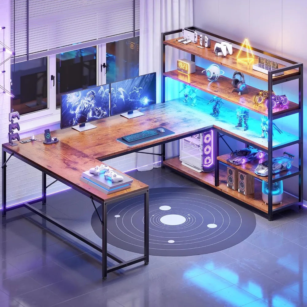L Shaped Desk With Storage Shelves And Power Outlet