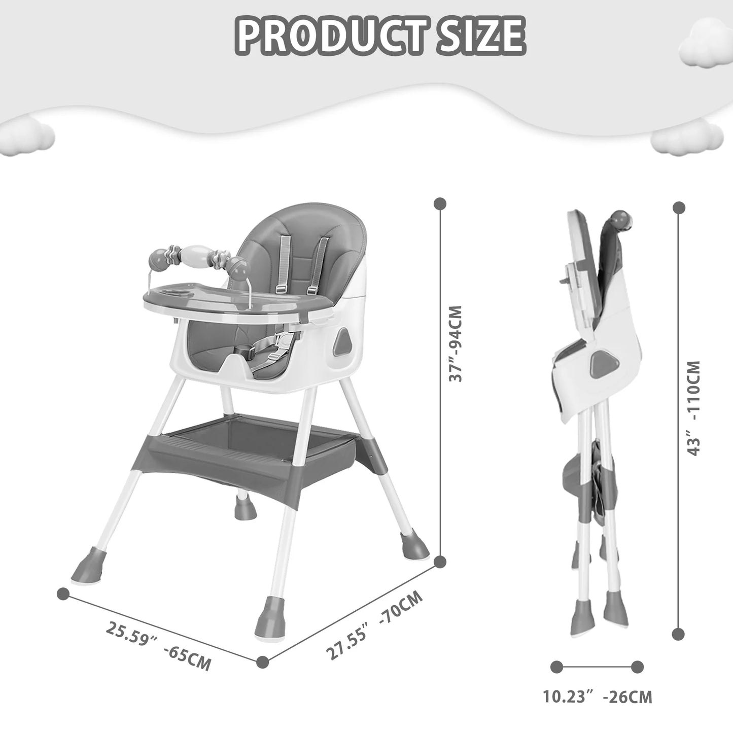 PIORLADO Foldable Baby High Chair With Antislip Pad And Toy Rack