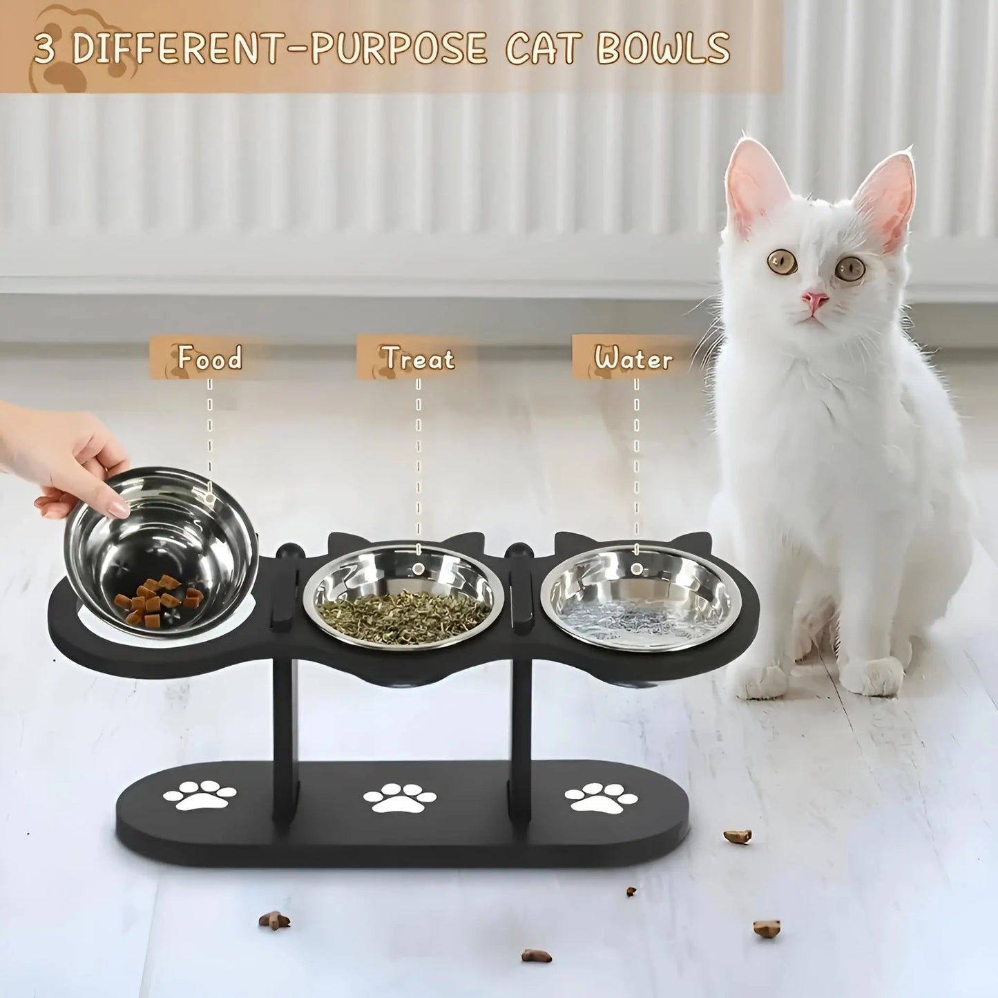 Elevated Cat Feeding Bowl With 15 Degree Tilt Wooden Stand
