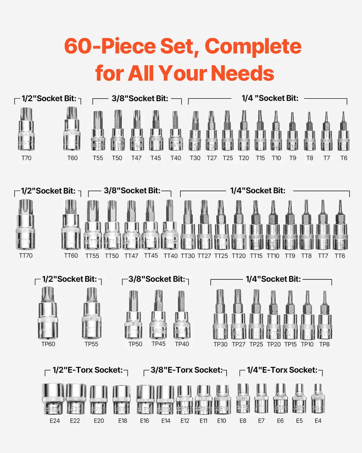 SucceBuy External Torx Socket Set 60-Piece TT6-TT70