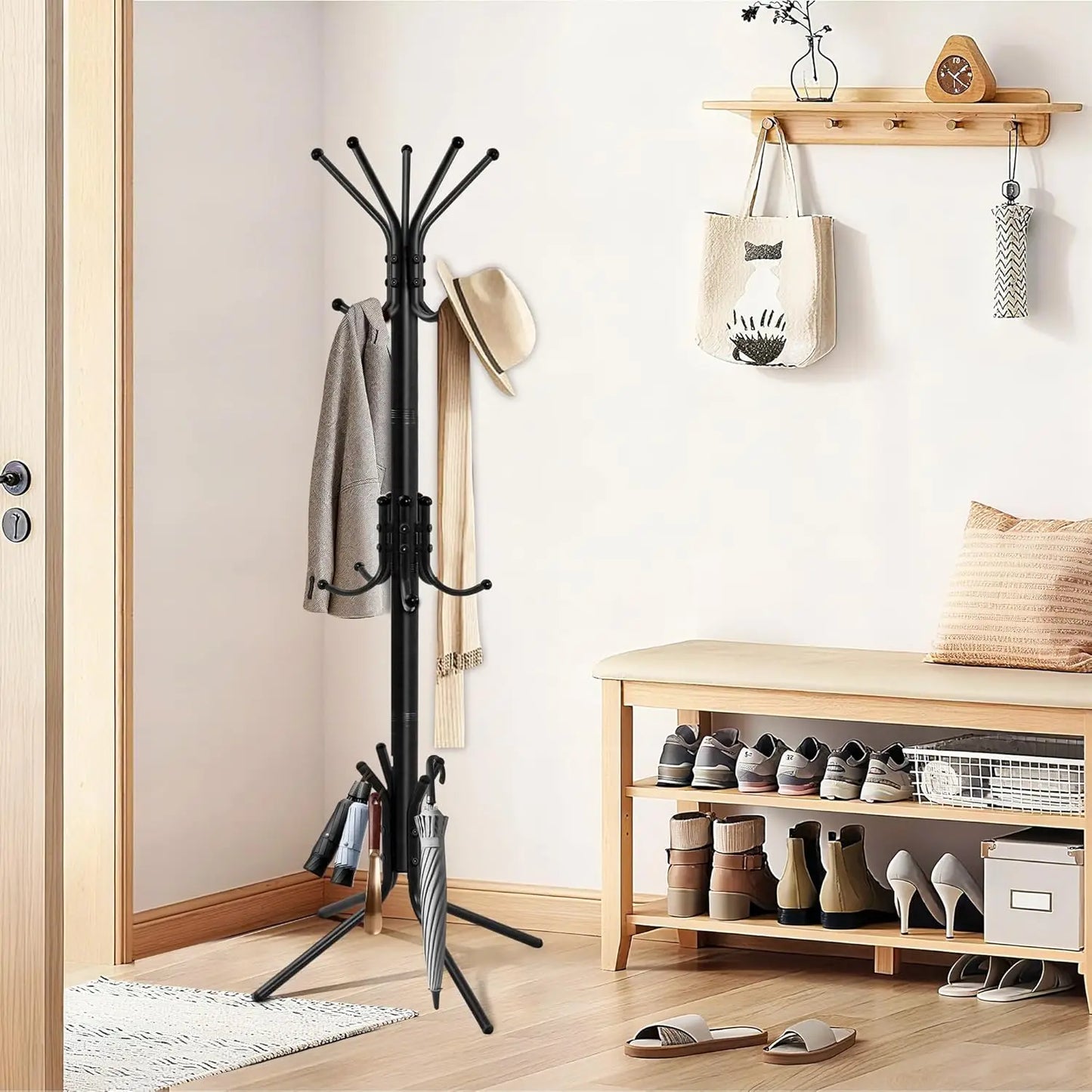 Freestanding Coat Rack With 15 Hooks Metal Hall Tree For Entryway