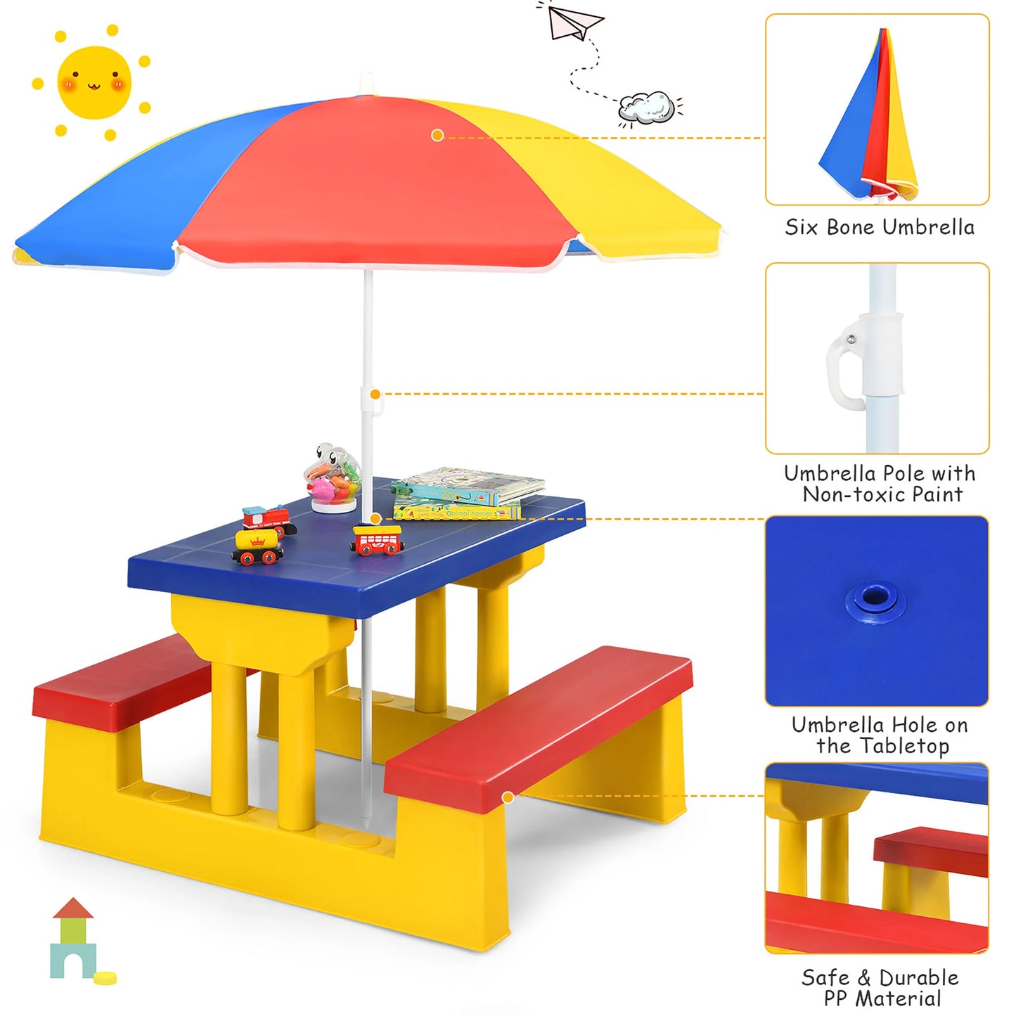 HOMASIS Kids Picnic Table Set With Removable Umbrella Indoor Outdoor
