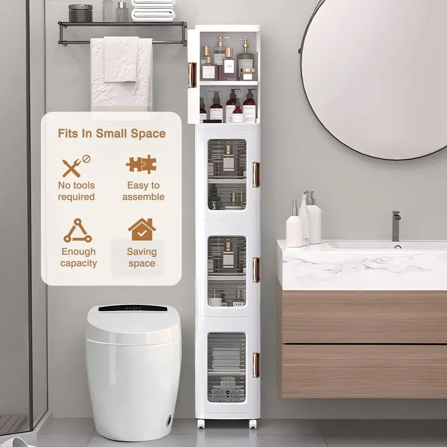 Four-Tier Tall Narrow Storage Cabinet With Wheels And Adjustable Shelves