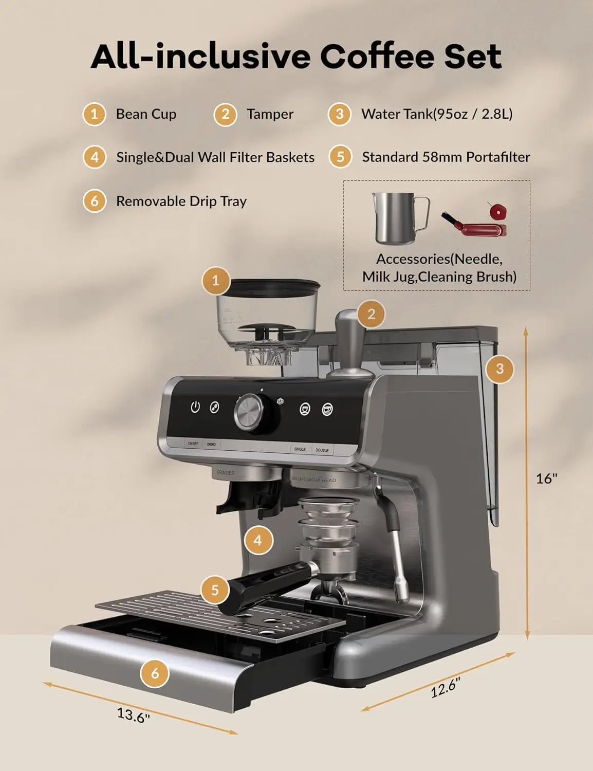 Acekool 20 Bar Semi Automatic Espresso Machine With Grinder