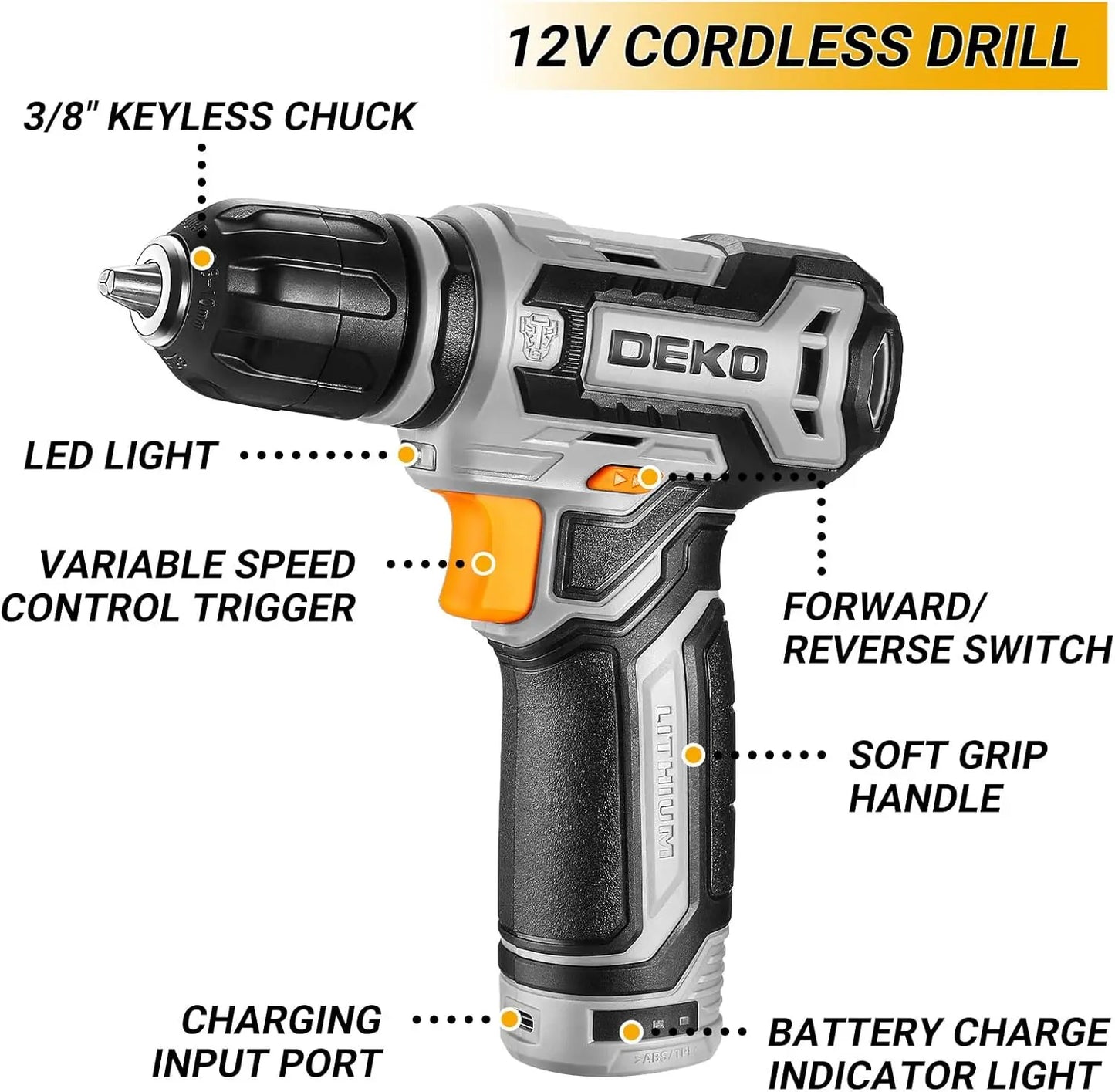 DEKO 12V Power Cordless Drill Mechanic Toolbox With Accessories Kit