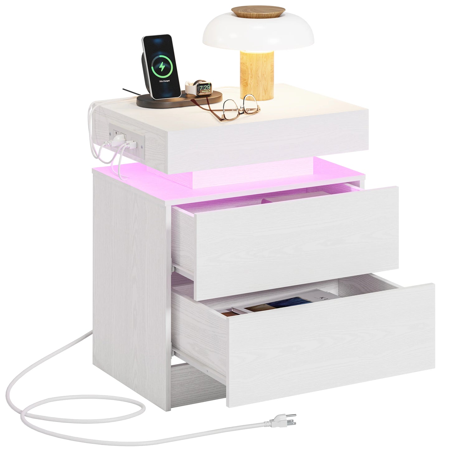 LIKIMIO Modern Night Stand With Charging Station And LED Light