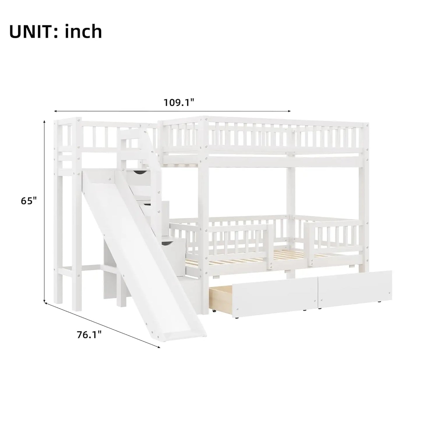 Twin Over Twin Bunk Bed With Slide Staircase And Drawers