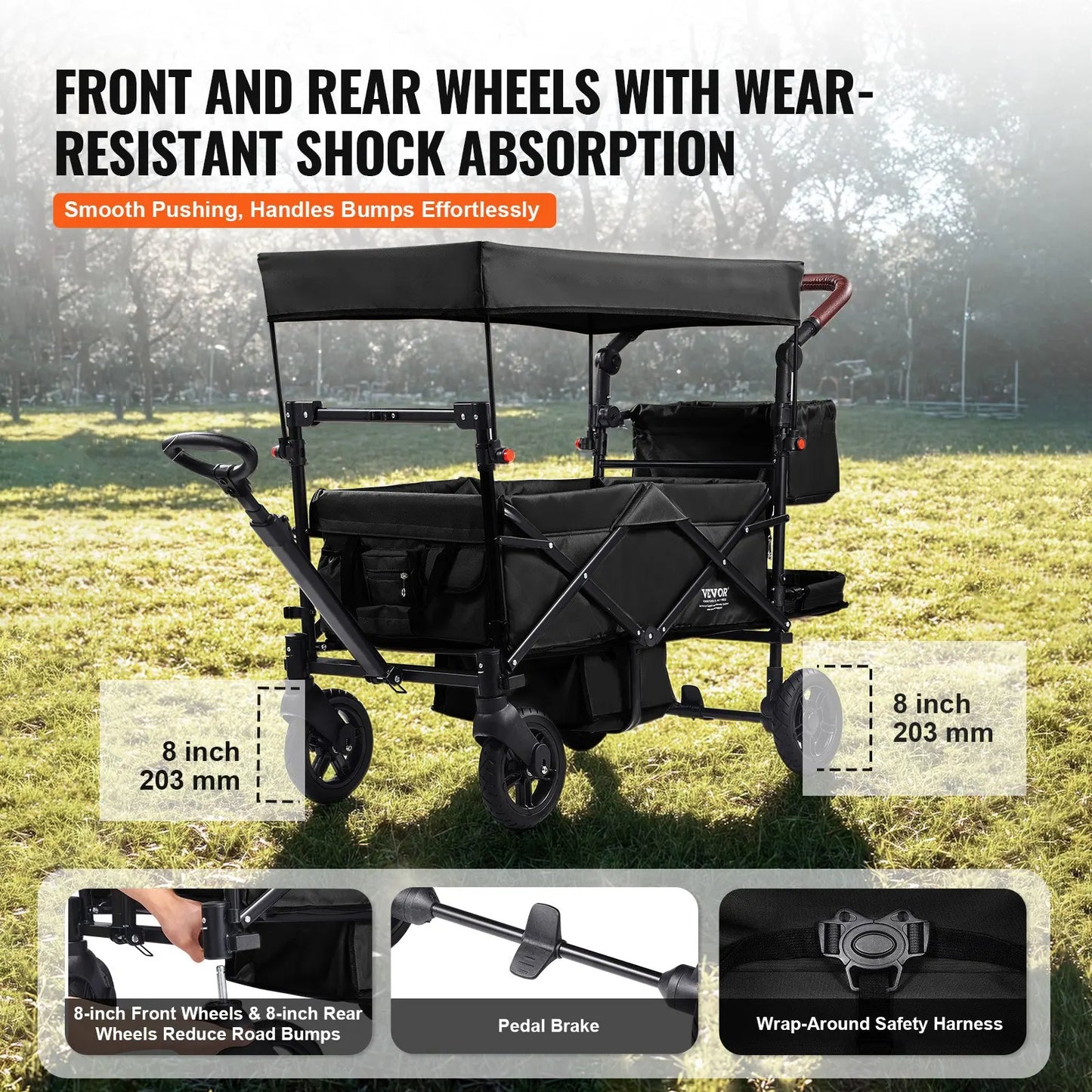 Quad Wagon Stroller For Two Kids, Collapsible With Adjustable Handle