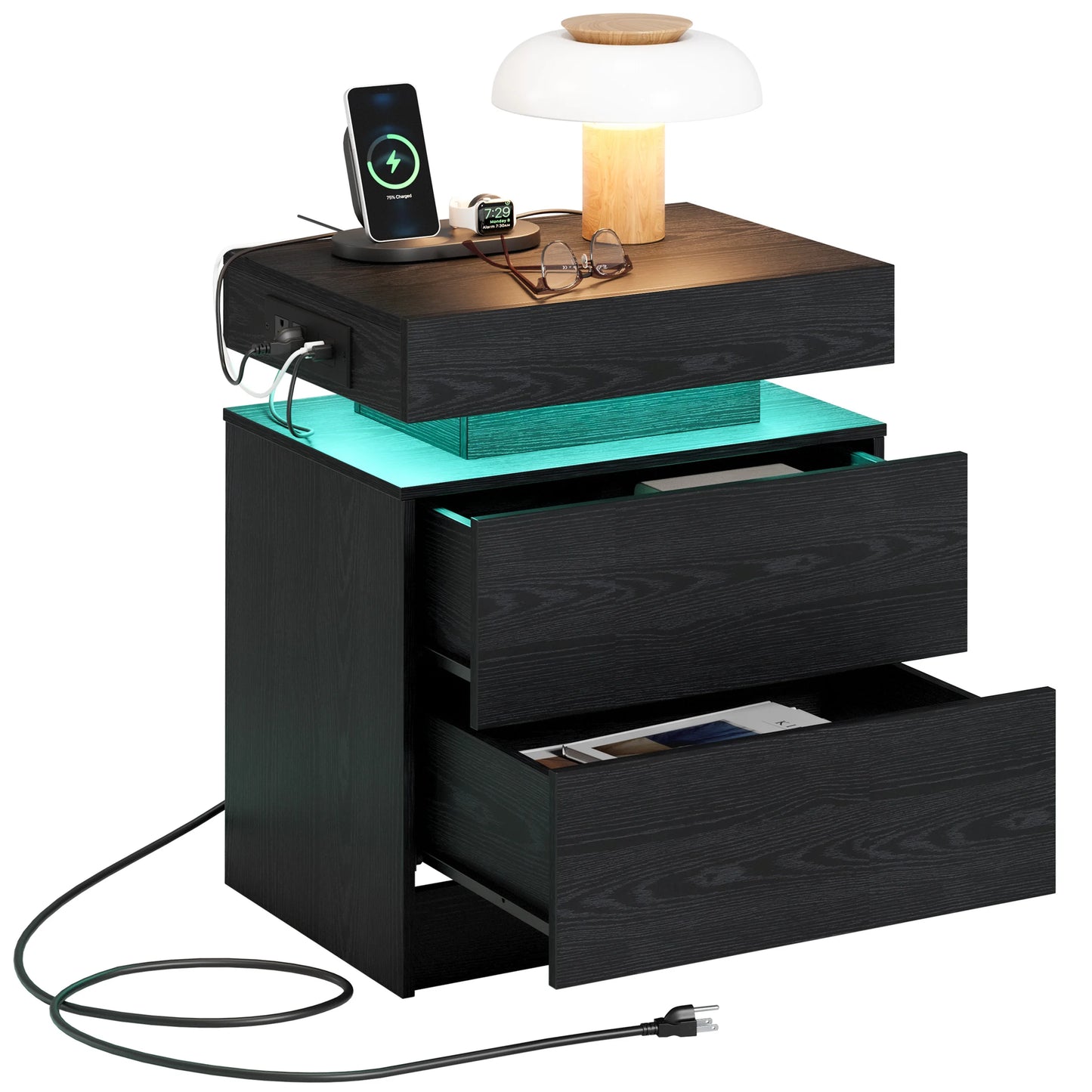 LIKIMIO Modern Night Stand With Charging Station And LED Light