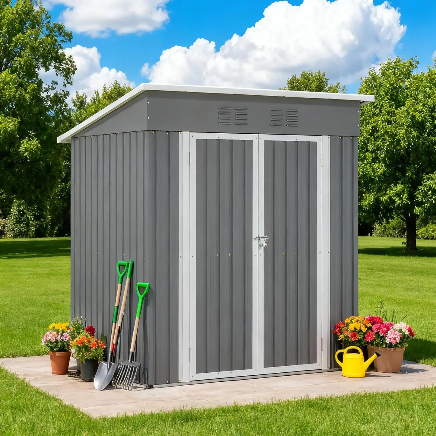 Outdoor Metal Storage Shed With Sloped Roof Lockable Aluminum Frame Garden